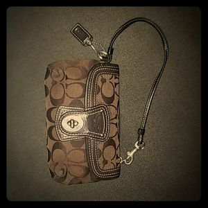 Coach Brown Jacquard and Leather Wristlet